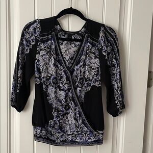 Black / Blue V-Neck Puff Sleeve Wrap Blouse